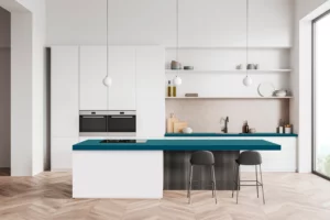 Cuisine claire avec le décor B125 Bleu pétrole